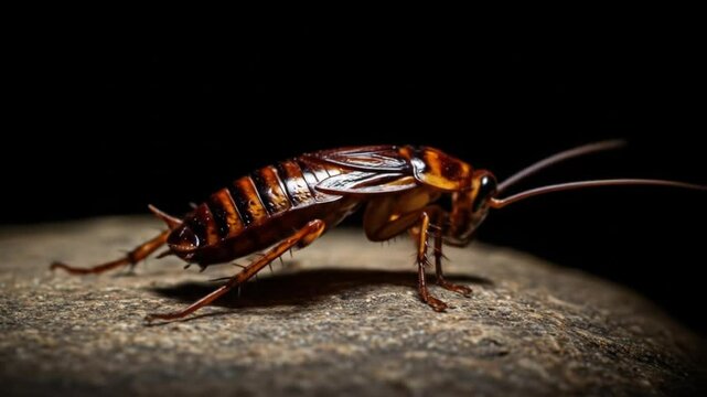 Cockroach on the Rock: Detailed macro shot of a cockroach perched on a textured rock surface, showcasing its intricate body structure and antenna.