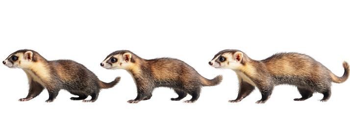 Obraz premium Three ferrets with brown and white fur, walking in a line facing left. Png, Transparent background.