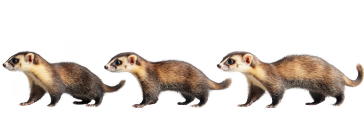 Three ferrets with brown and white fur, walking in a line facing left. Png, Transparent background.