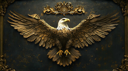 Detailed, golden eagle sculpture on dark background.