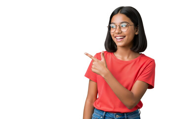 Young woman in red shirt pointing to the left with a smile on transparent background