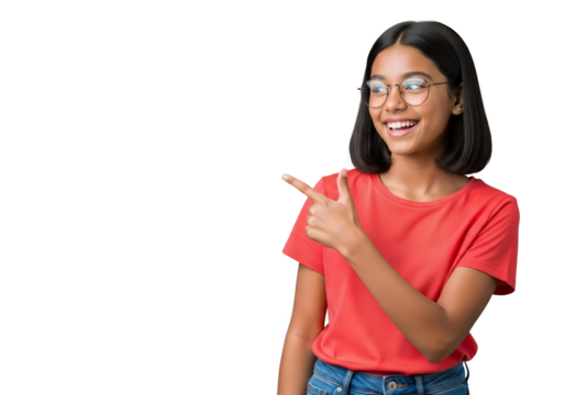 Young woman in red shirt pointing to the left with a smile on transparent background