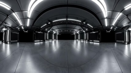 360 degree panoramic view of a futuristic hall with illuminated ceilings and reflective gray floor, creating an immersive environment