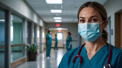 Healthcare Hero: A dedicated doctor wearing a surgical mask and stethoscope stands confidently in a hospital hallway.