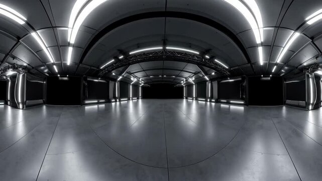 360 degree panoramic view of a futuristic hall with illuminated ceilings and reflective gray floor, creating an immersive environment