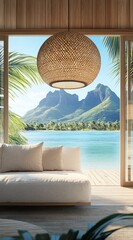 Obraz premium Tropical lagoon view from modern, light-filled living space