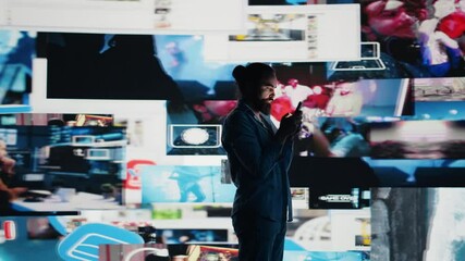 Smartphone user addicted by social media content consumption and obsessive doomscrolling that can trigger anxiety and harmful self esteem issues in the digital world. Overuse isolation. Camera B.