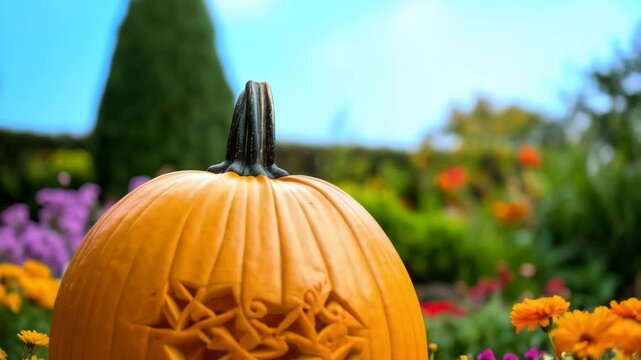 Decorated orange pumpkin with floral background. Bright orange pumpkin carved with stylized design, surrounded by garden flowers.