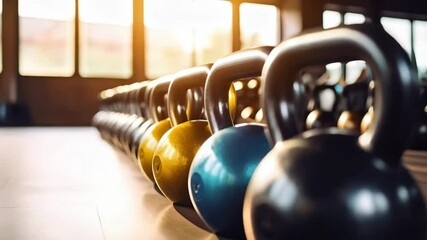 Row of colorful kettlebells arranged in an indoor fitness center, gym equipment for strength training, exercise tools in workout studio