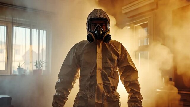 Man in protective suit stands amidst smoky backdrop, creating a scene of potential hazard, emergency response, or scientific analysis, wearing a mask for safety