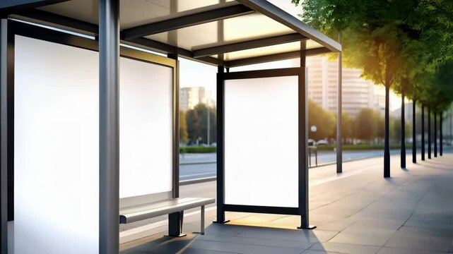 Modern Bus Stop with Three Blank Billboard Advertising Spaces in a Cityscape with Trees and Buildings During Daytime