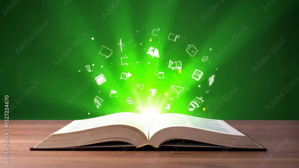 Poster open book emitting glowing green light with icons rising from pages in enchanting display