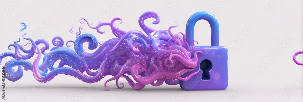 Poster 3d lock icon transforms into vibrant phishing tentacles, visually representing cybersecurity threats
