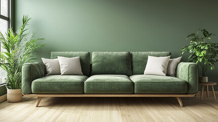 Modern green sofa with decorative pillows in stylish living room, surrounded by plants