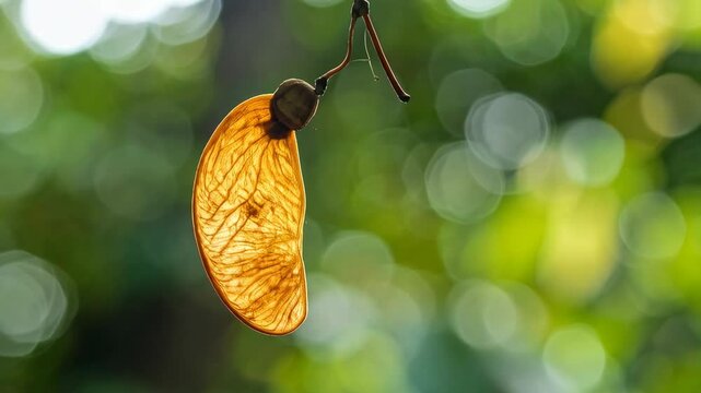 Translucent winged seed hanging delicately in a garden environment with soft bokeh background of green foliage, close up macro shot
