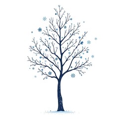  illustration of a winter tree. The tree is decorated with snowflakes, icy patterns, and cool blue and white colors No leaves 
