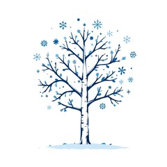  illustration of a winter tree. The tree is decorated with snowflakes, icy patterns, and cool blue and white colors No leaves 