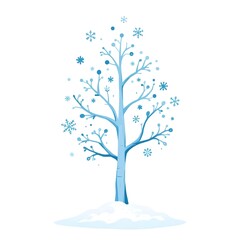  illustration of a winter tree. The tree is decorated with snowflakes, icy patterns, and cool blue and white colors No leaves 
