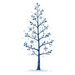  illustration of a winter tree. The tree is decorated with snowflakes, icy patterns, and cool blue and white colors No leaves 