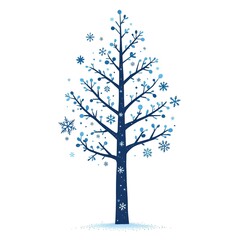  illustration of a winter tree. The tree is decorated with snowflakes, icy patterns, and cool blue and white colors No leaves 