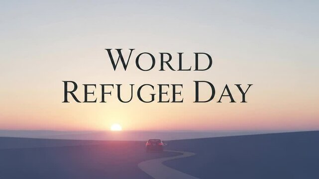 A symbolic 4K animation depicting a calm desert path at sunrise, representing the resilience and journey of refugees worldwide