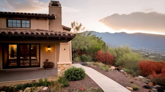 Stucco house exterior with curved concrete walkway, desert landscaping, mountain backdrop and terracotta tiled roof at sunset