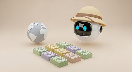 Fototapeta premium Global Financial Exploration with AI Robot Discovering Wealth Opportunities