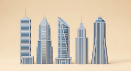 3D Render: Iconic skyscrapers forming a cityscape, architecture and urban development.

