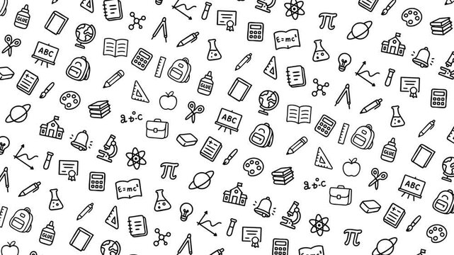 Back to school doodle seamless pattern background, Hand drawn icon with school supplies and creative elements illustration loop animation