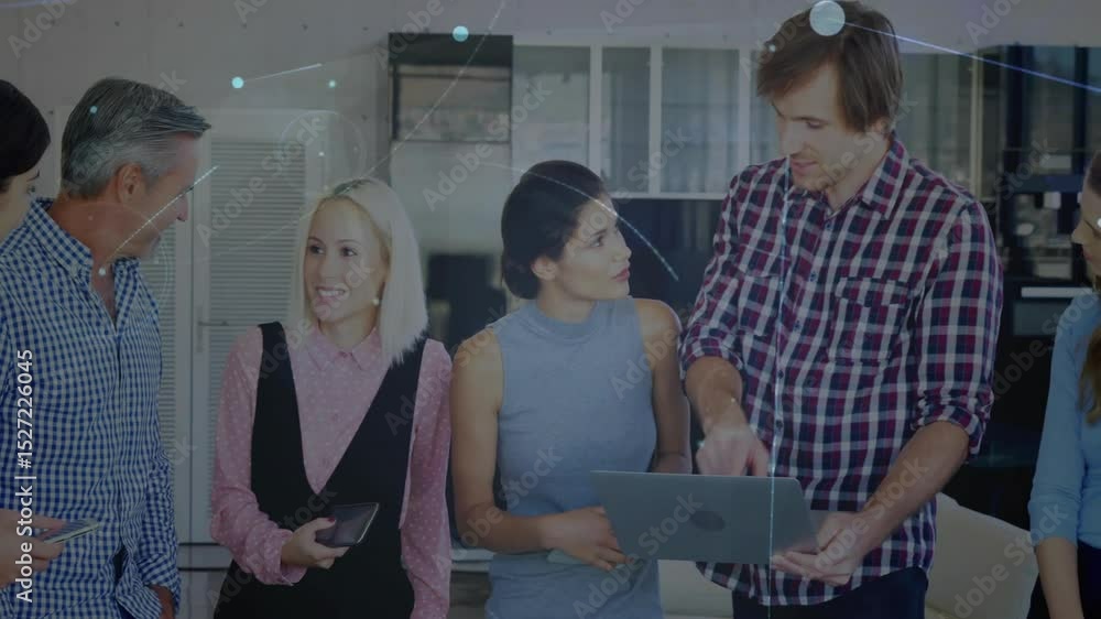Poster pointing laptop screen, explaining data, business team with animated nodes evolving into interface