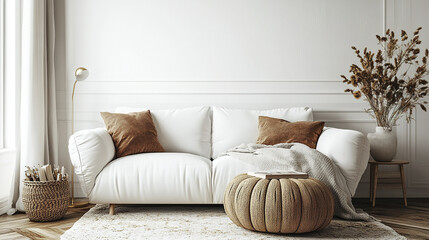 cozy modern living room featuring white sofa, decorative pillows, and stylish pouf