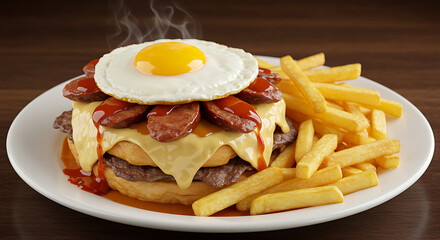 Steaming Brazilian X-Tudo Sandwich with Fried Egg & Fries