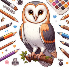 Cute Cartoon Barn Owl vector illustration isolated on a Branch