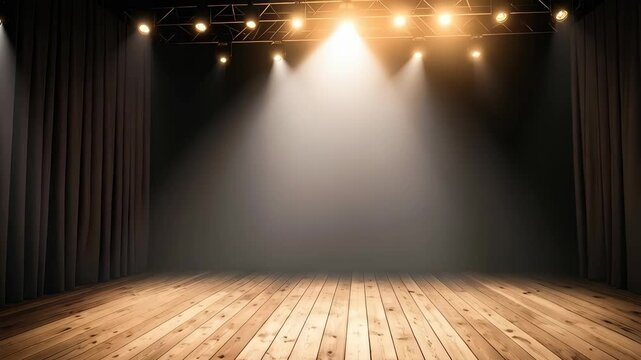 Empty theater stage with wooden floor, black curtains, and bright spotlights, ready for a performance or event, creating a dramatic atmosphere