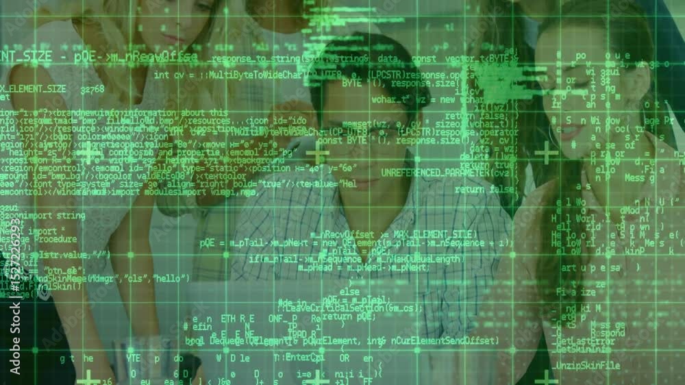 Poster green code overlay scrolling upward revealing coding team collaborating around laptop to debug code