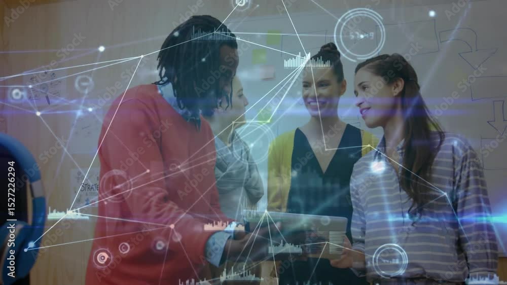 Aufkleber man in sweater tapping tablet activating holographic charts with colleagues analyzing business data