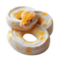 Fototapeta premium A coiled albino snake with distinctive yellow-orange markings and textured scales, showcasing its head and body in a striking pose. Png, Transparent background.
