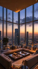 Fototapeta premium Luxury penthouse living room with city views