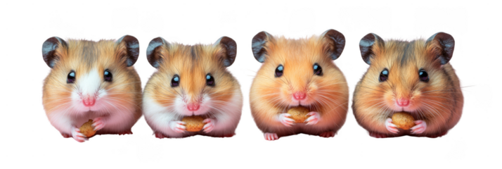 Four adorable hamsters hold nuts in their tiny paws, each with expressive eyes and fluffy fur. Png, Transparent background.