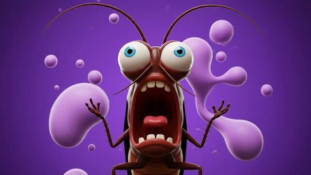 Bug's Distressful Scream: A cartoon cockroach, showcasing extreme surprise and terror with its large eyes and open mouth, against a vivid, stylized background.