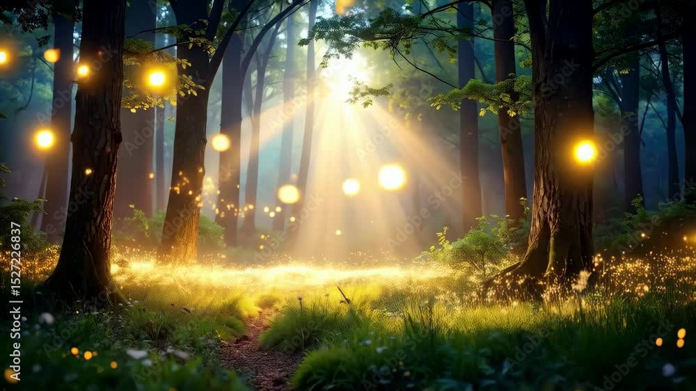Poster sunbeams shining through trees in a forest with magical floating lights over the ground and pathway,
