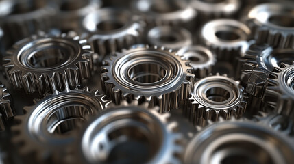 Interlocking metal gears in a circular pattern, symbolizing teamwork and precision in industrial collaboration.