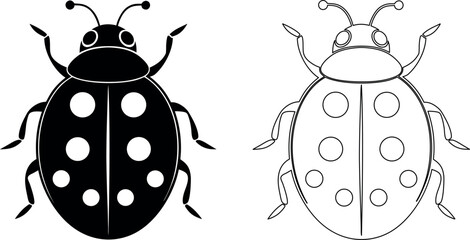 Ladybug illustration in black and white for coloring book or logo design