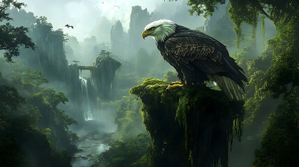 Fototapeta premium Majestic eagle perched atop a mossy cliff in a lush, misty forest valley.
