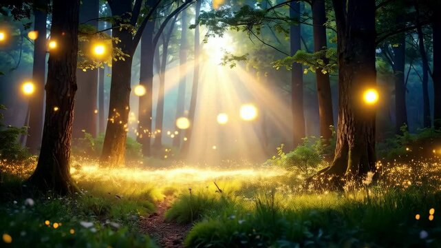 Sunbeams shining through trees in a forest with magical floating lights over the ground and pathway, fantasy woodland atmosphere