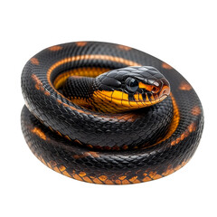 Obraz premium A black snake with orange markings is coiled tightly, showcasing its shiny scales and distinctive head with vivid yellow and orange patterns. Png, Transparent background.