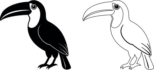 Obraz premium Toucan bird illustration in black silhouette and outline drawing style