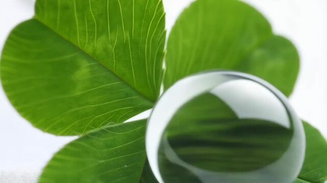 Green four leaf clover with dew drop for good luck, symbolizing fortune and prosperity on clean white background.