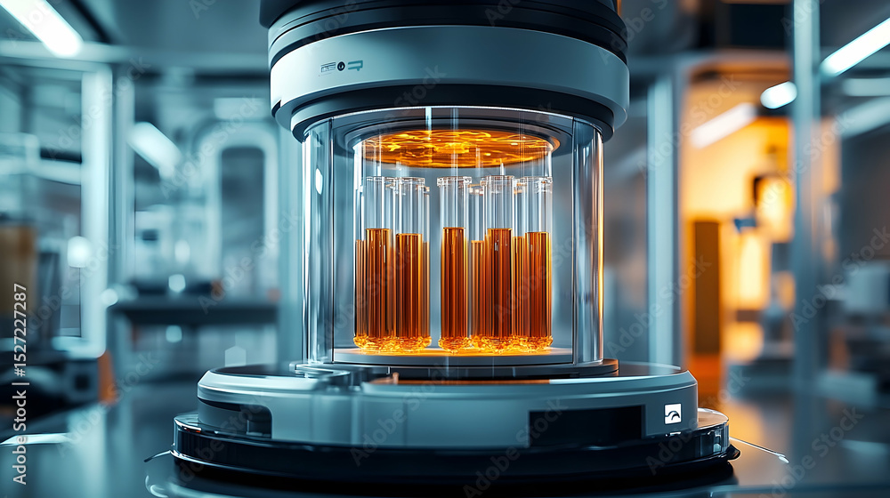 Poster laboratory apparatus with transparent container holding liquid samples.