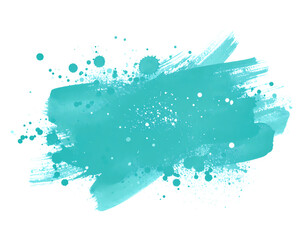 Abstract turquoise brush stroke with paint splatter isolated on transparent background.. This vibrant artwork features a hand-painted effect, perfect for creative designs and backgrounds